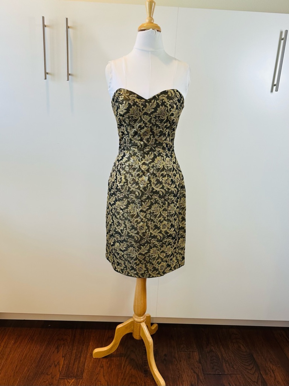 Moda International Black and Gold Brocade Strapless Cocktail Party Dress